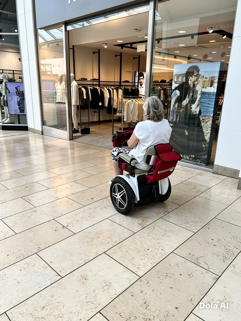 Person on Segway riding past storefront in shopping mall corridor