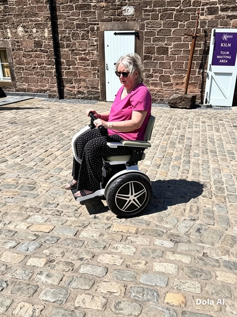 Woman in pink shirt and sunglasses riding a Segway on a brick courtyard next to a stone building