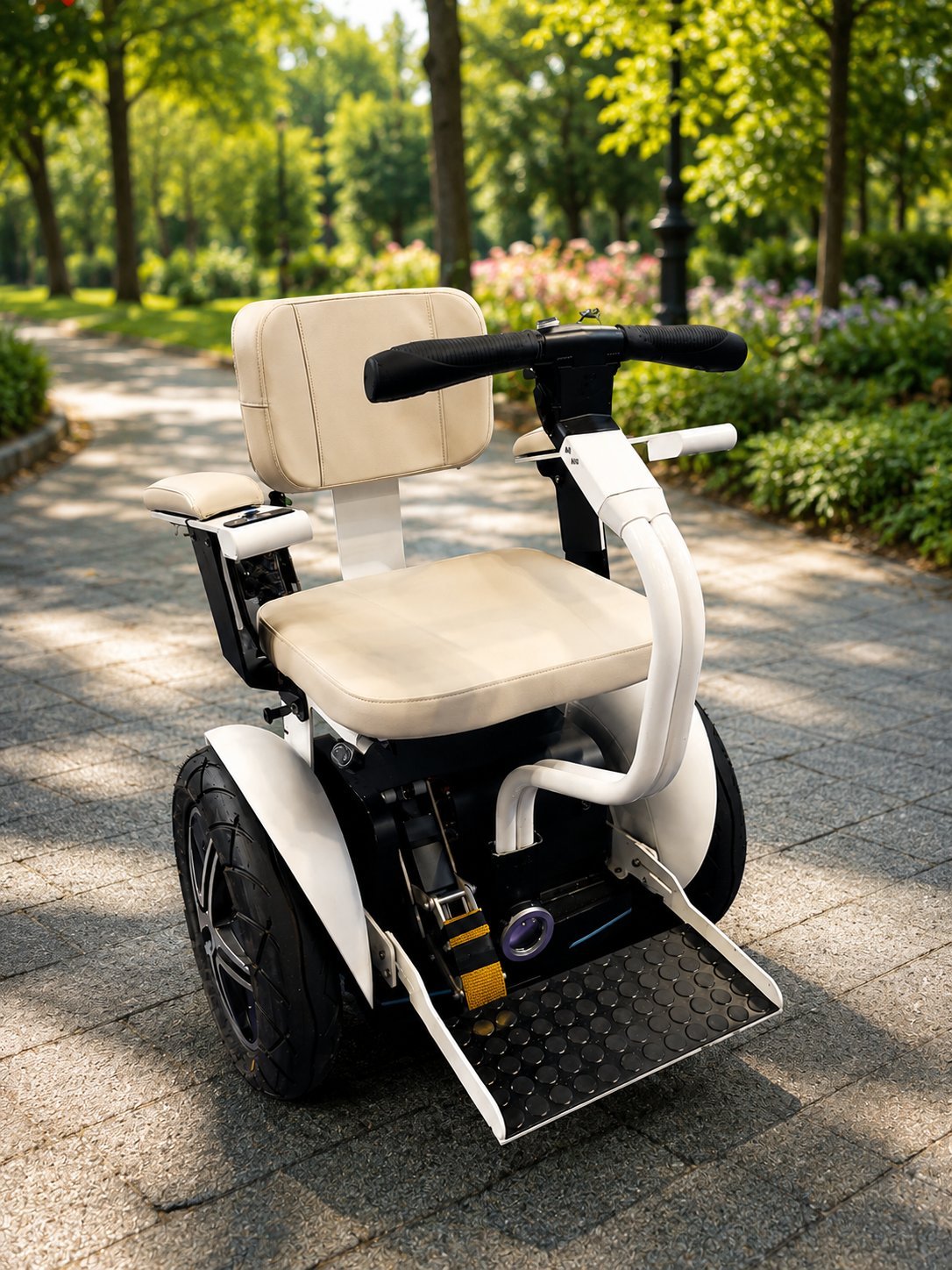 White and black mobility scooter parked on a tree-lined path in a park