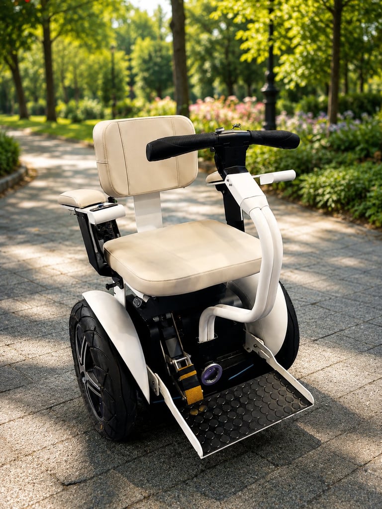 White and black mobility scooter parked on a tree-lined path in a park
