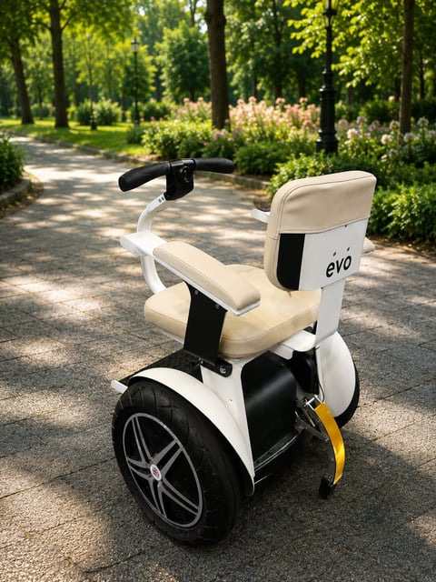 White EVO personal mobility scooter in a sunny park with trees and flowering bushes in the background