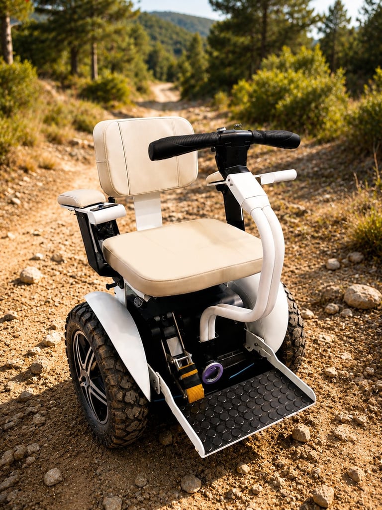 White and black mobility scooter parked on a dirt trail with forested mountains in the background