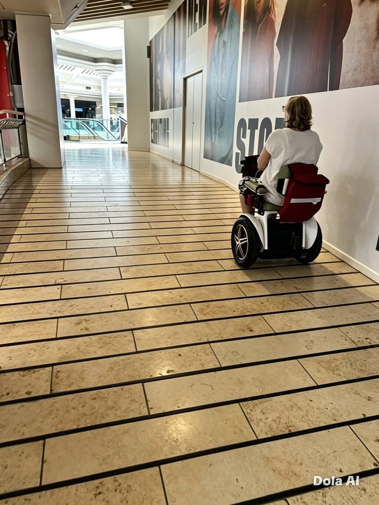 Person riding a Segway in a modern indoor hallway with tiled flooring and white walls